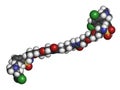 Tenapanor drug molecule. 3D rendering. Atoms are represented as spheres with conventional color coding: hydrogen white, carbon