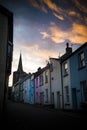 Tenby street and spire at dusk in Pembrokeshire