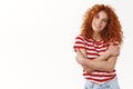 Tender attractive redhead young woman embracing herself bring self-love cuteness and romantic feelings hugging cross