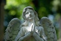 Tender beautiful angel praying. Fragment of an ancient statue. Faith, religion, death, resurrection concept