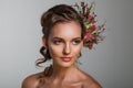 Tender beauty portrait of bride with roses wreath in hair