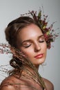 Tender beauty portrait of bride with roses wreath in hair Royalty Free Stock Photo