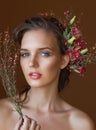 Tender beauty portrait of bride with roses wreath in hair. Royalty Free Stock Photo