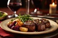 Tender beef tenderloin with roasted potatoes and a red wine reduction