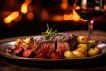 Tender beef tenderloin with roasted potatoes and a red wine reduction