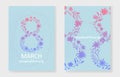 Tender blue cards set for 8 march with pink flower