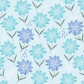 Tender blue pattern with childish sketch flowers