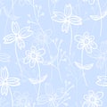 Tender blue pattern with spring hand drawn flowers