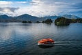 Tender boat from Viking Orion among islands in the Sitka bay