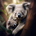 the tender bond between a mother koala and her baby, nestled in the crook of a eucalyptus tree by AI generated Royalty Free Stock Photo