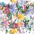 Tender bouquet flowers. Seamless background pattern. Fabric wallpaper print texture.