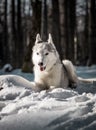 Tender and brutal siberian husky girl in the snow and winter forest.