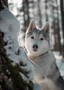 Tender and brutal siberian husky girl in the snow and winter forest.