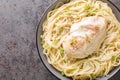 Tender chicken cooked in a creamy Italian flavored sauce and served on a bed of angel hair pasta closeup in the bowl. Horizontal Royalty Free Stock Photo