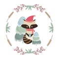 Tender Christmas card with a raccoons in a round frame of twigs.