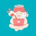 Tender cupid with a laptop as a symbol of a marriage agency. Work with applications for the search for love. Cupid sends