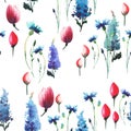 Tender delicate beautiful bright sophisticated spring colorful textile blue delphiniums red pink tulips and blue cornflowers with Royalty Free Stock Photo