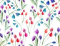 Tender delicate beautiful bright sophisticated spring colorful textile red pink violet tulips and blue bluebells with leaves Royalty Free Stock Photo