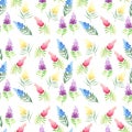 Tender delicate cute elegant lovely floral colorful spring summer red, blue, purple and yellow wildflowers with green leaves patte Royalty Free Stock Photo