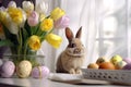 Tender Easter greeting card with bouquet of tulips, Easter bunny and eggs on the table in the white kitchen background