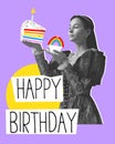 Tender, elegant woman, royal person, queen holding cake, celebrating birthday. Creative design. Poster