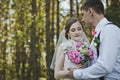 The tender embrace of the newlyweds in the woods 3948. Royalty Free Stock Photo