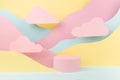 Tender fashion style paper abstract stage mockup - pink circle podium, pastel mountain landscape - yellow, mint color slopes.