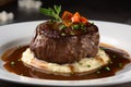 tender filet mignon on a bed of mashed potatoes with gourmet sauce