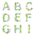 Tender Floral Alphabet with Decorative Nature Elements Vector Set