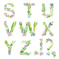 Tender Floral Alphabet with Decorative Nature Elements Vector Set