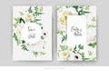 Tender floral vector wedding invite, save the date card template design set. Elegant editable watercolor bouquet illustration.