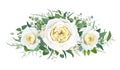Tender, floral, wedding bouquet design with delicate cream yellow cabbage garden Roses, ivory white wax flowers, Eucalyptus green