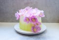 Tender green birthday cake with purple and pink paper flowers on grey background Royalty Free Stock Photo