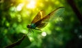 Tender green dragon fly sitting on the tree branch. Beautiful insect in the ray of sun at blurred backdrop. Close up. Generative Royalty Free Stock Photo