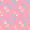 Tender heart ornament seamless pattern. Romantic print with blue, yellow and white valentine silhouettes on pink background