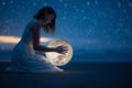 Tender image of a girl; female magic. Beautiful attractive girl on a night beach with sand and stars hugs the moon, art photo. On Royalty Free Stock Photo