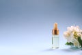 Tender jasmine flowers and oil. Small bottle with cosmetic cleansing aroma oil and white jasmine flowers. Natural skin care,