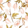 Tender jungle peach flowers and leaves, physalis background pattern, realistic illustration. Summer texture, abstract vector.