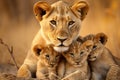 Tender Lioness her cubs sunset. Generate Ai Royalty Free Stock Photo