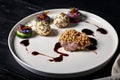 Tender meat with puffed rice. Dish of authors cuisine. Turkey meat recipe from a restaurant