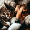 Portrait of cute cat and dog napping together in a bed Royalty Free Stock Photo