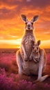 A tender moment with a kangaroo and her joey against a stunning sunset in the Australian Outback Royalty Free Stock Photo