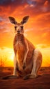 A tender moment with a kangaroo and her joey against a stunning sunset in the Australian Outback Royalty Free Stock Photo