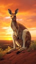 A tender moment with a kangaroo and her joey against a stunning sunset in the Australian Outback Royalty Free Stock Photo