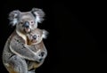 A tender moment between a koala mother and her joey, on a black background, with space for text Royalty Free Stock Photo