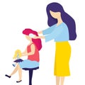 A tender mother combs her young daughter`s hair with a comb