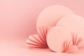 Tender pastel pink love abstract stage with ribbed paper hearts, round decor in geometric style on soft light background.