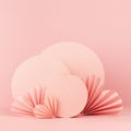 Tender pastel pink love abstract stage with ribbed paper hearts, round decor in geometric style on soft light background, square.