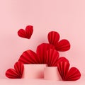 Tender pastel pink stage mockup with two round podiums, fly passion red paper hearts of asian fans in chinese style, square. Royalty Free Stock Photo