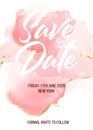 Tender pink save the date card. Wedding invitation lettering with alcohol ink splas. Liquid flow vintage template with golden foil Royalty Free Stock Photo